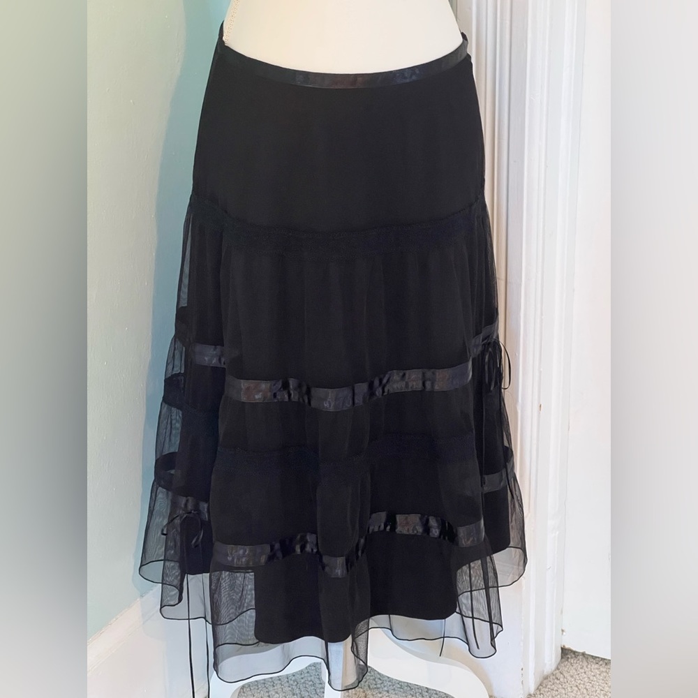 VINTAGE Y2K Express Tiered Gauze Goth Black Midi Skirt Size 8